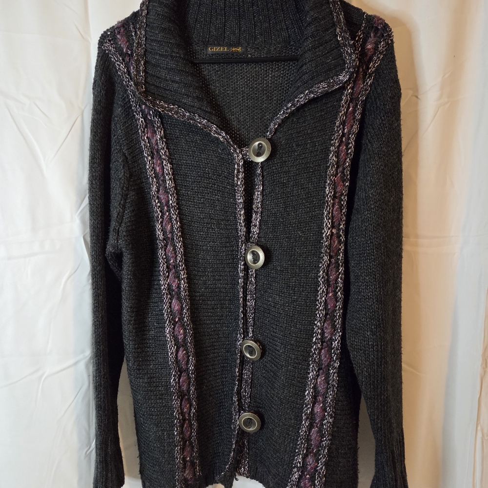 Gizel Brand Cozy Dark Grey Button-up Cardigan Purple Trim Acrylic/Wool Blend 1X